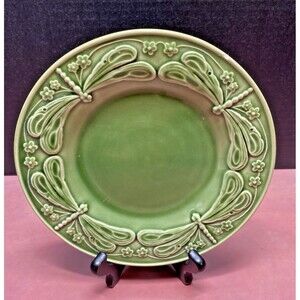 Vintage Bordallo Pinheiro Green Majolica 8" Salad Plate Embossed Dragonflies